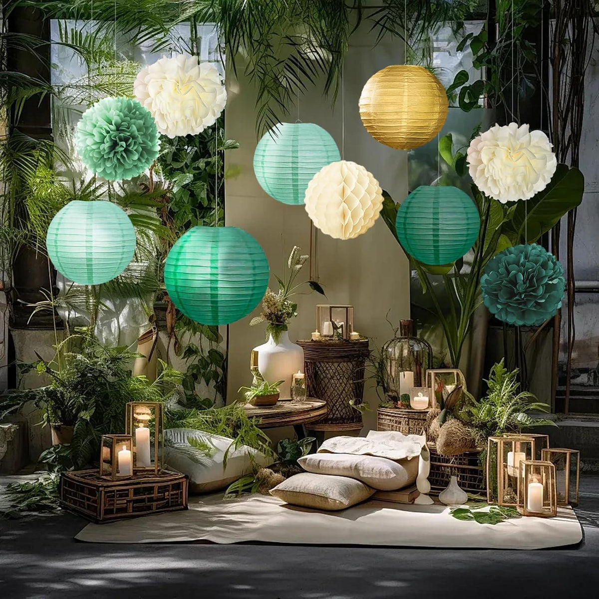 Grüner Elf Set Deko - Pompons Wabenbälle Girlande Konfetti Baby Shower Hochzeit Party 15er