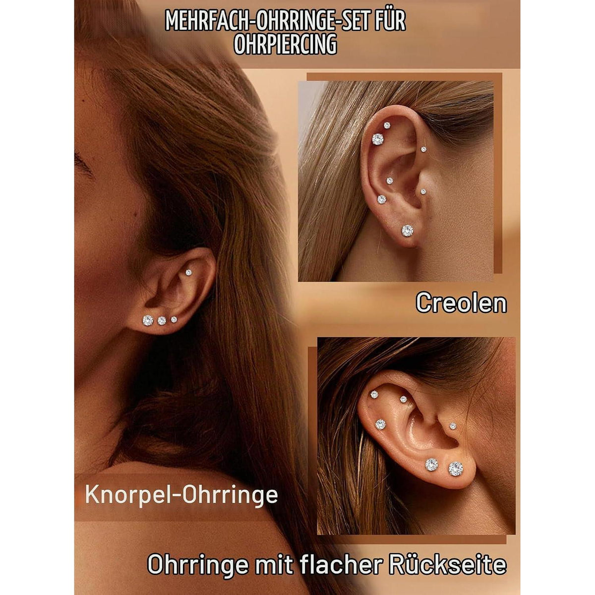 5 Paar Zirkonia Ohrstecker Silber Gold Edelstahl Set