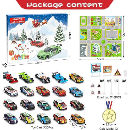 Adventskalender Auto für Kinder mit Rennspielzeug und Medaille