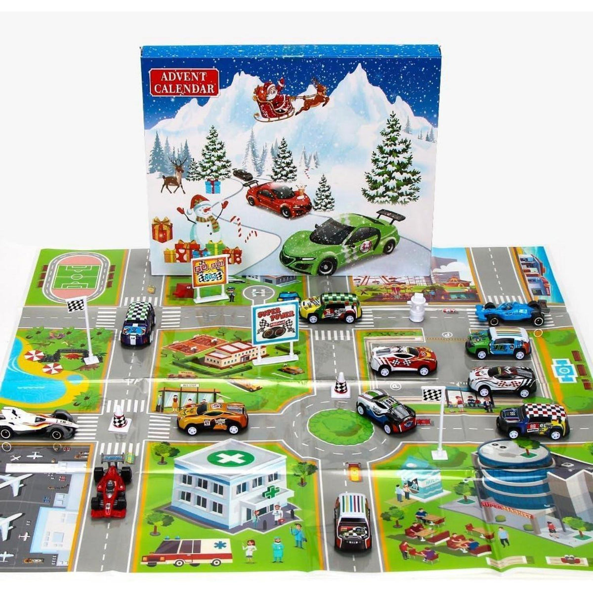 Adventskalender Auto für Kinder mit Rennspielzeug und Medaille