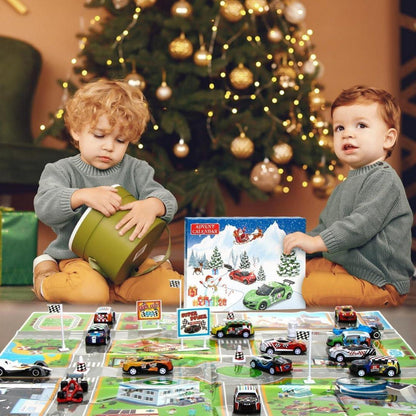 Adventskalender Auto für Kinder mit Rennspielzeug und Medaille