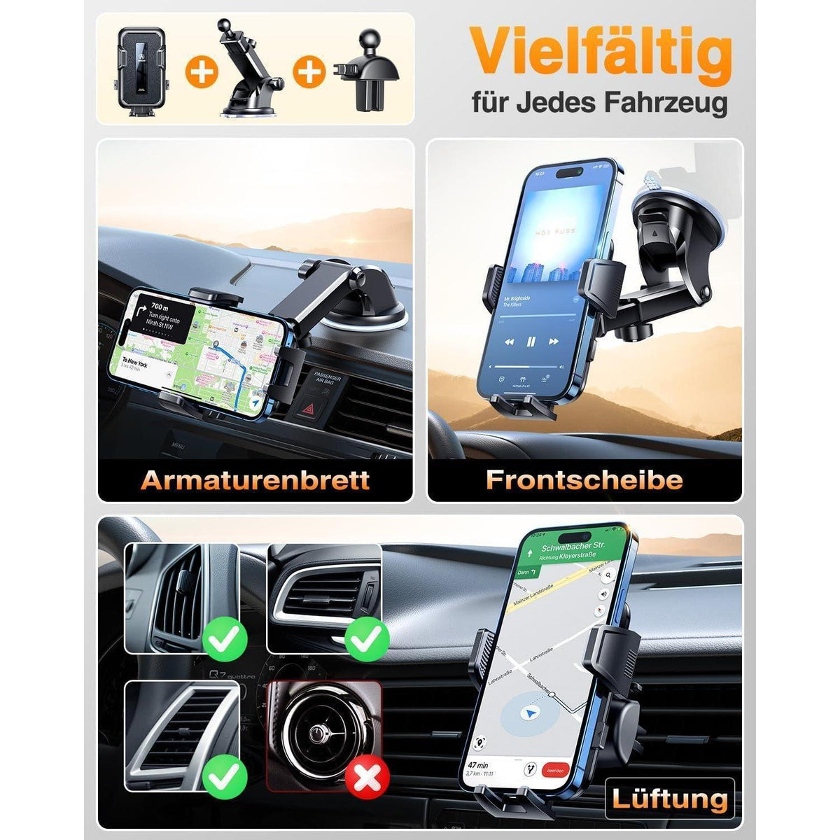 Handyhalterung Auto mit Starkem Saugnapf & Lüftungsclip