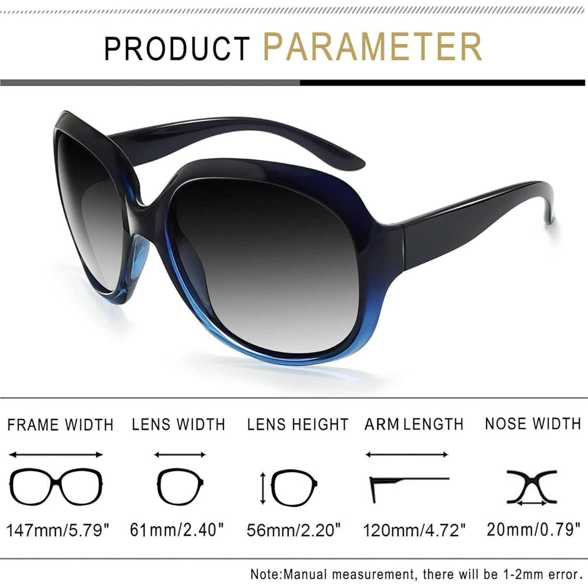 Übergroße Damen Sonnenbrille polarisiert UV400 Schutz Blau/Hellgrau