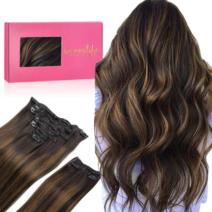 Echthaar Clip-in Verängerung Dunkelbraun-Kastanienbraun Balayage