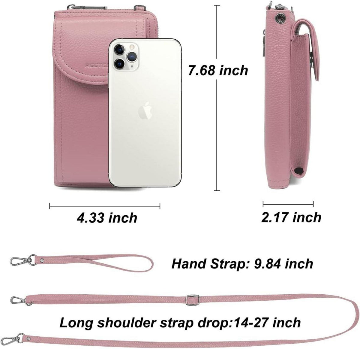 Handytasche Umhängetasche RFID Schutz Leder Damen 12 Kartenfächer Rosa