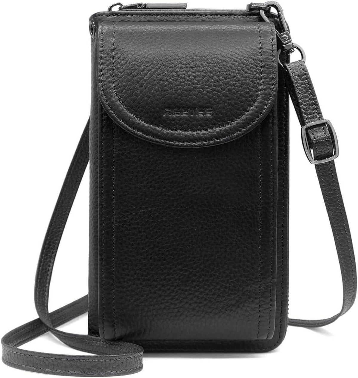 Handytasche Damen RFID Leder Umhängetasche Schwarz 12 Kartenfächer
