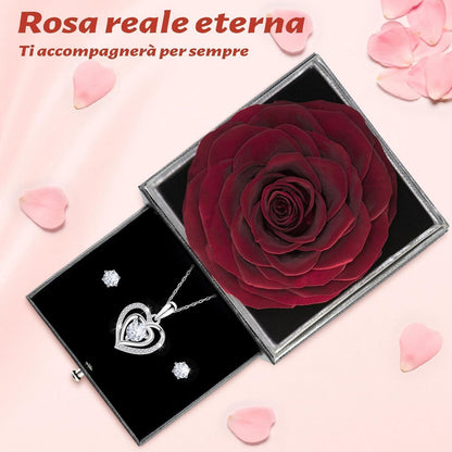 Konservierte Ewige Rose mit Herz-Halskette & Ohrringen