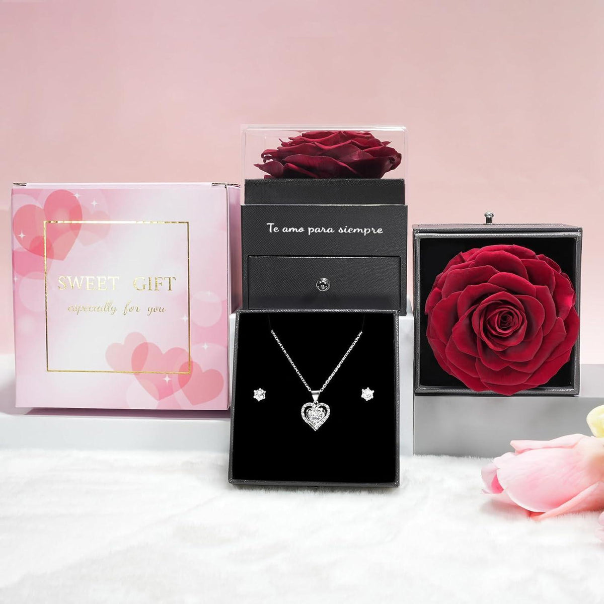 Konservierte Rose mit Herz-Halskette & Ohrringen – Ewiges Geschenk