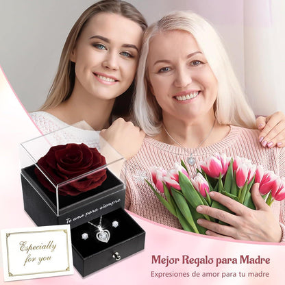 Konservierte Rose mit Herz-Halskette & Ohrringen – Ewiges Geschenk