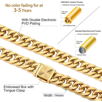 KRKC&CO 14mm Goldfarbene Kette Herren Panzerkette 18K Cuban Link