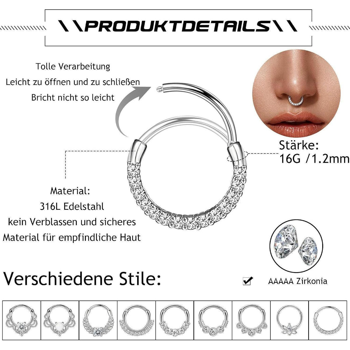 9x Nasenring Set | Septum, Daith, Helix | 16G Edelstahl