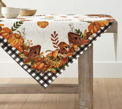 Herbst Tischdecke Kürbisse Pilze Vogelhaus 85x85 cm Orange