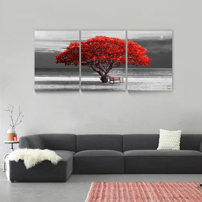 Hyidecorart Rotes Baum Natur Leinwand Bild 40x58cm 3tlg