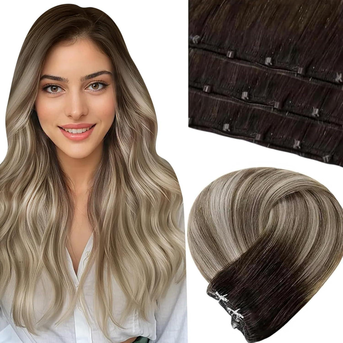 Echthaar Tressen Balayage Braun 50cm Micro Bead Extensions