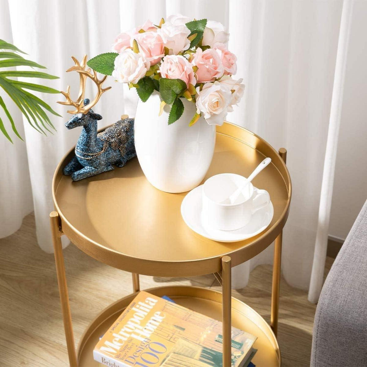 HollyHOME Gold Beistelltisch Rund Metall 2 Ebenen für Wohnzimmer Schlafzimmer Terrasse