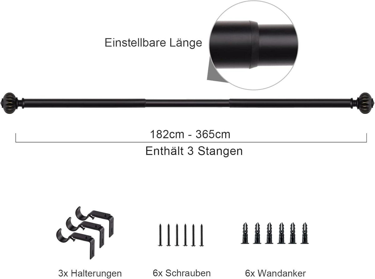 Ausziehbare Schwarz Metall Gardinenstange 182-365 cm Blütenstruktur