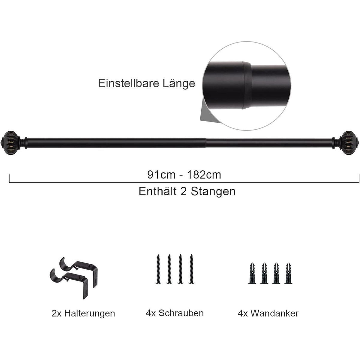 Ausziehbare Gardinenstange 91-182 cm Schwarz Metall