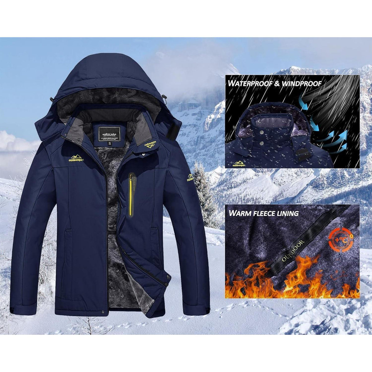 Herren Winterjacke Wasserdicht Warm Gefüttert Dunkelblau