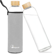 Glasflasche 1000 ML Bambusdeckel Schutzhülle Borosilikatglas Blau