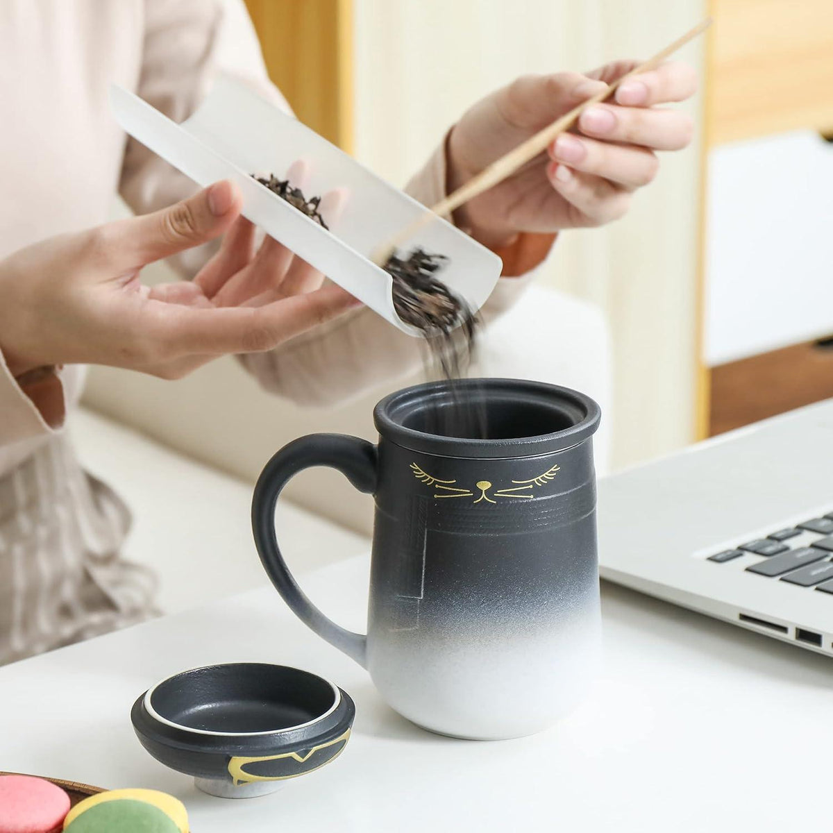 TEANAGOO Katzentasse mit Sieb und Deckel, 460 ML, Keramik-Set