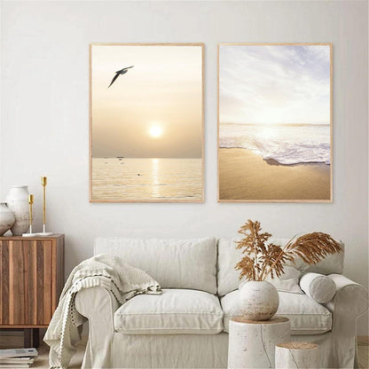 3er Poster Set Wohnzimmer Sonnenuntergang Strand Deko Bilder (40 x 50