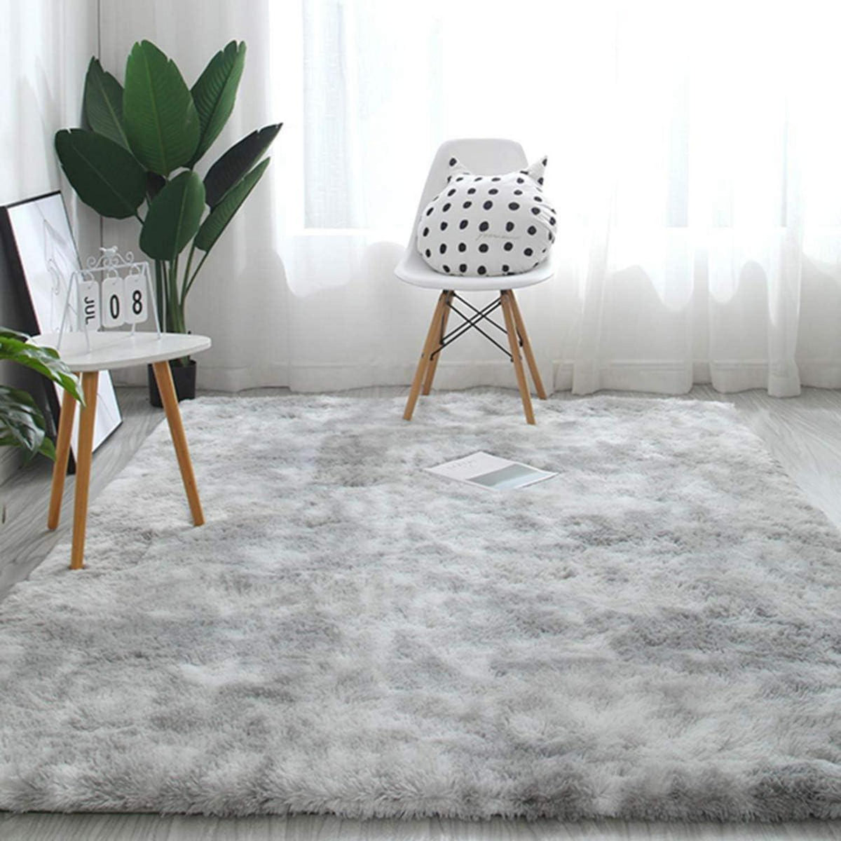 Flauschiger Hochflor Teppich Grau Weiß 200x300cm Rutschfest Waschbar