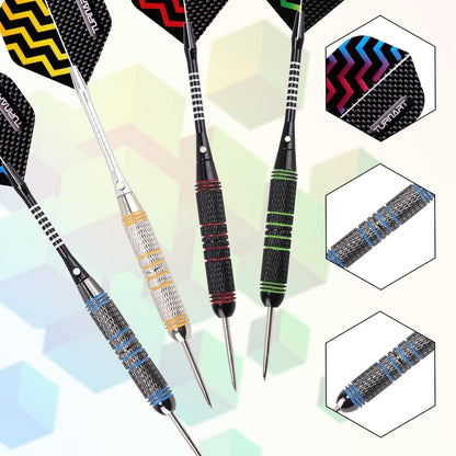 Turnart Profi Steel Darts Set 12 Stück 24g - Metallspitze, Aluminium Schaft, 24 Flights, Gummiringe