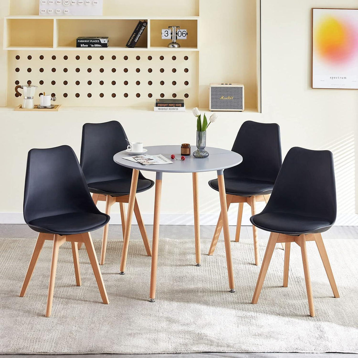 Moderner Küchentisch – Rund, Grau, 80x80cm, 4 Buchenbeine