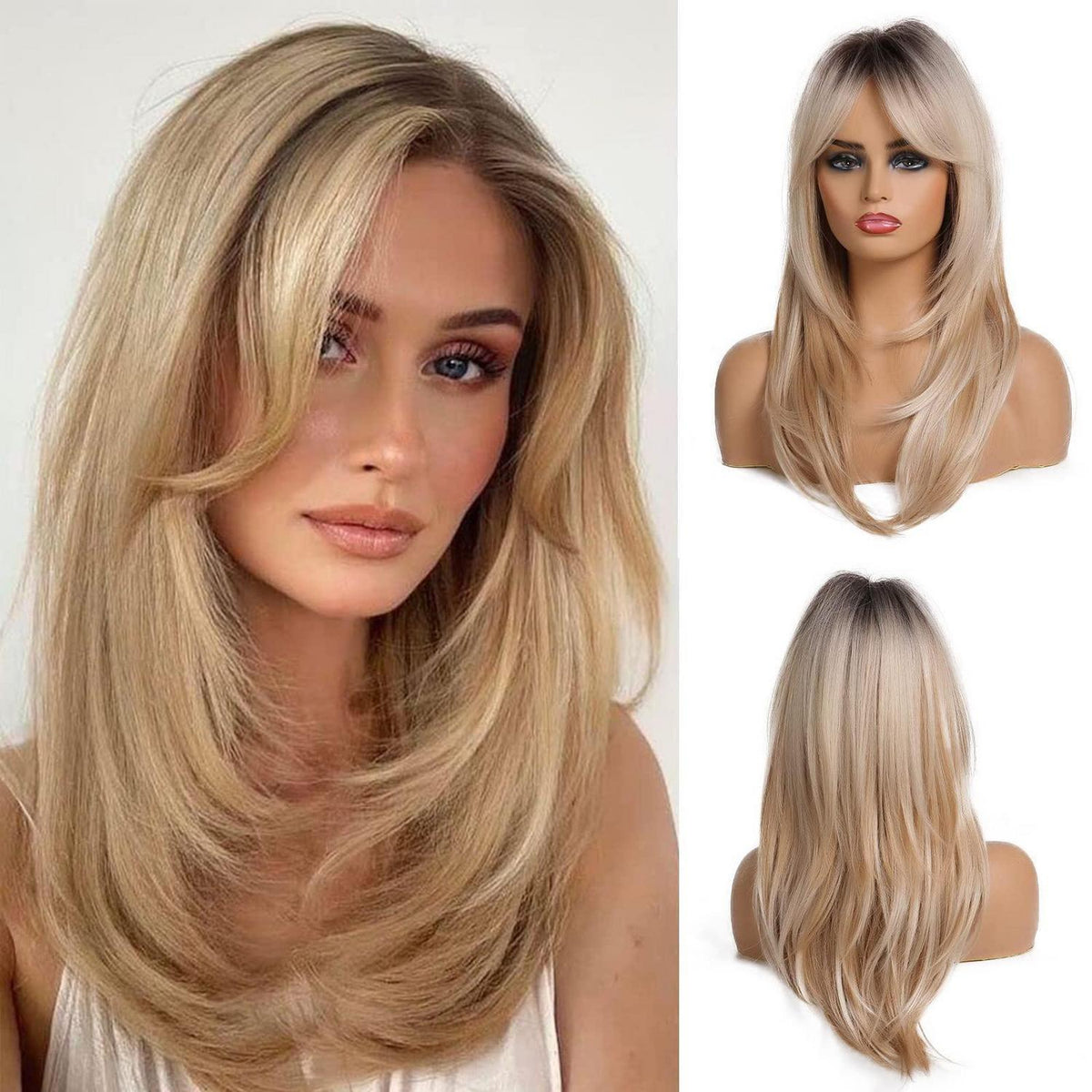 20 Zoll Gerade Blonde Perücke mit Dunklen Wurzeln – Synthetikhaar