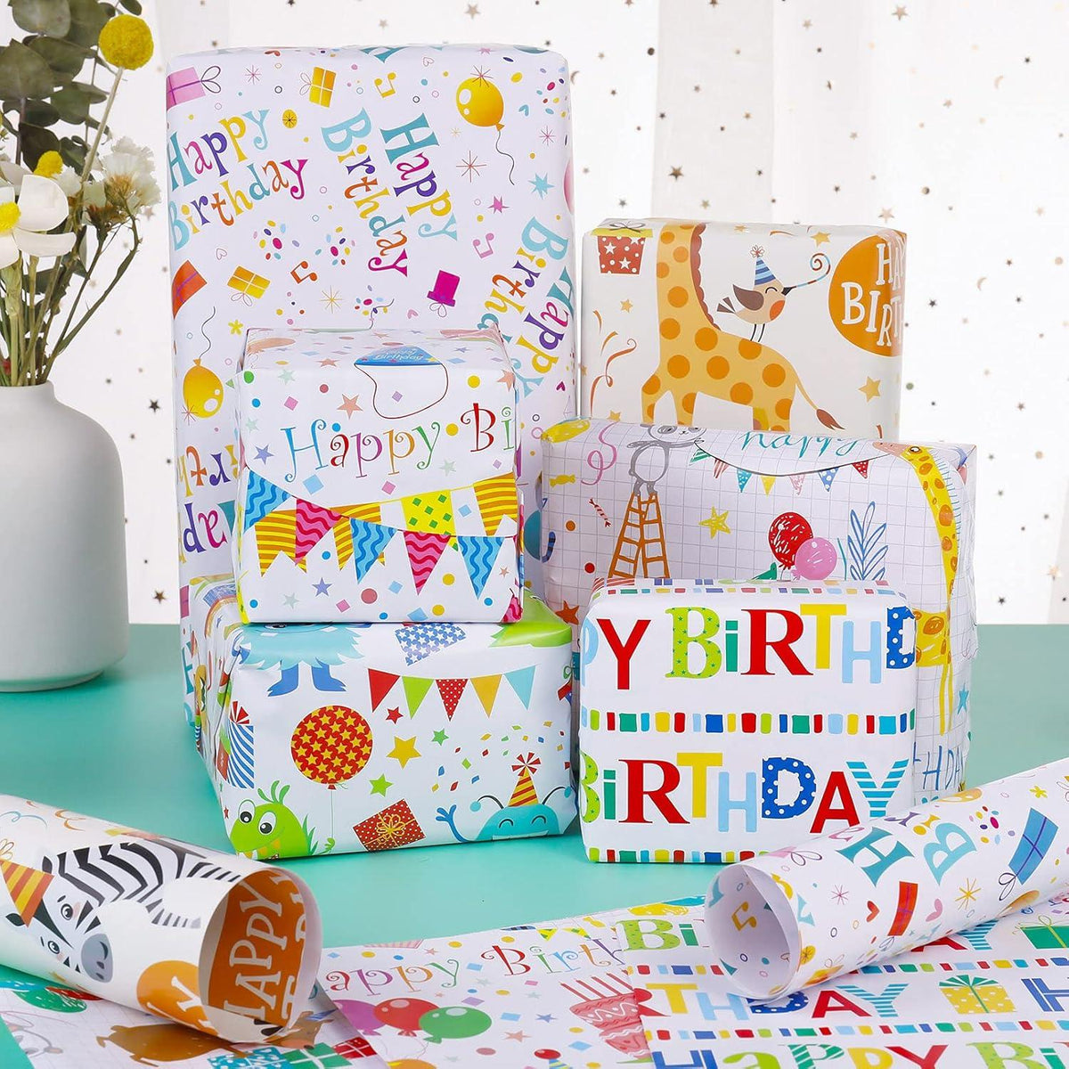 Kinder Geschenkpapier 6 Stück 70x50 cm Geburtstag Tiere Bunt Party