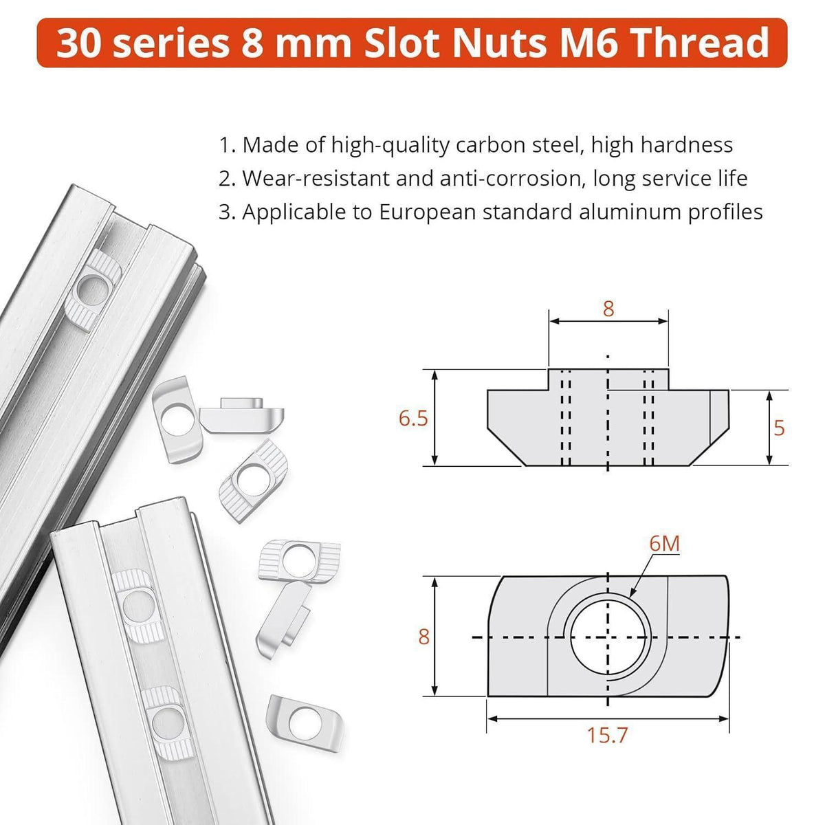 Nutensteine M6 für 30er Aluminiumprofile, 100 Stück
