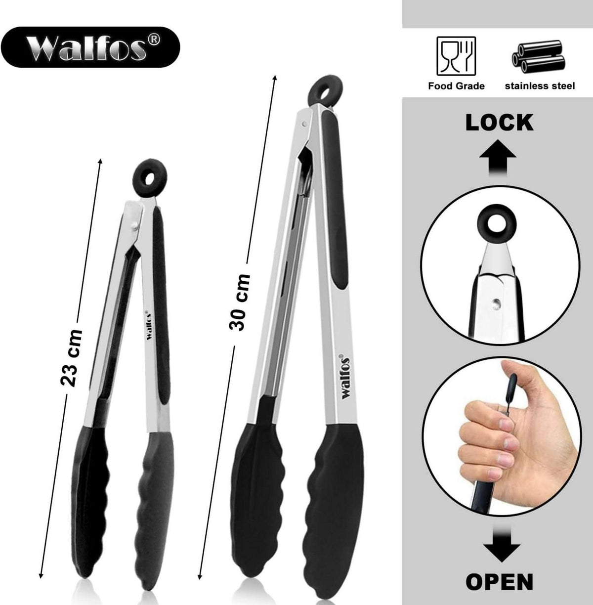Walfos Küchenzange Grillzange Set Hitzebeständig Edelstahl Silikon 23cm 30,5cm