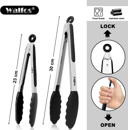 Walfos Küchenzange Grillzange Set Hitzebeständig Edelstahl Silikon 23cm 30,5cm