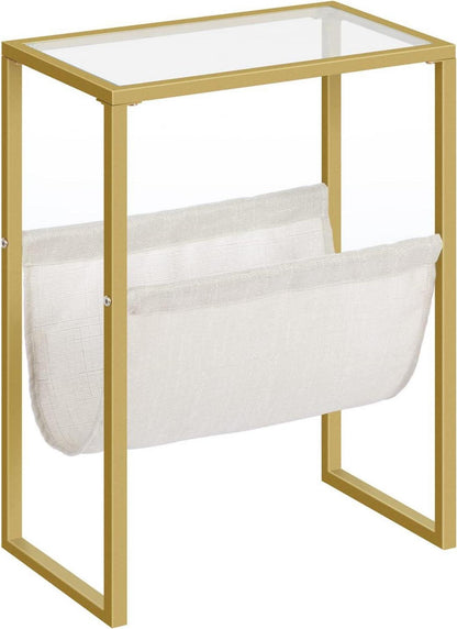 Schmaler Beistelltisch mit Glasplatte und Zeitschriftenschlinge, Gold