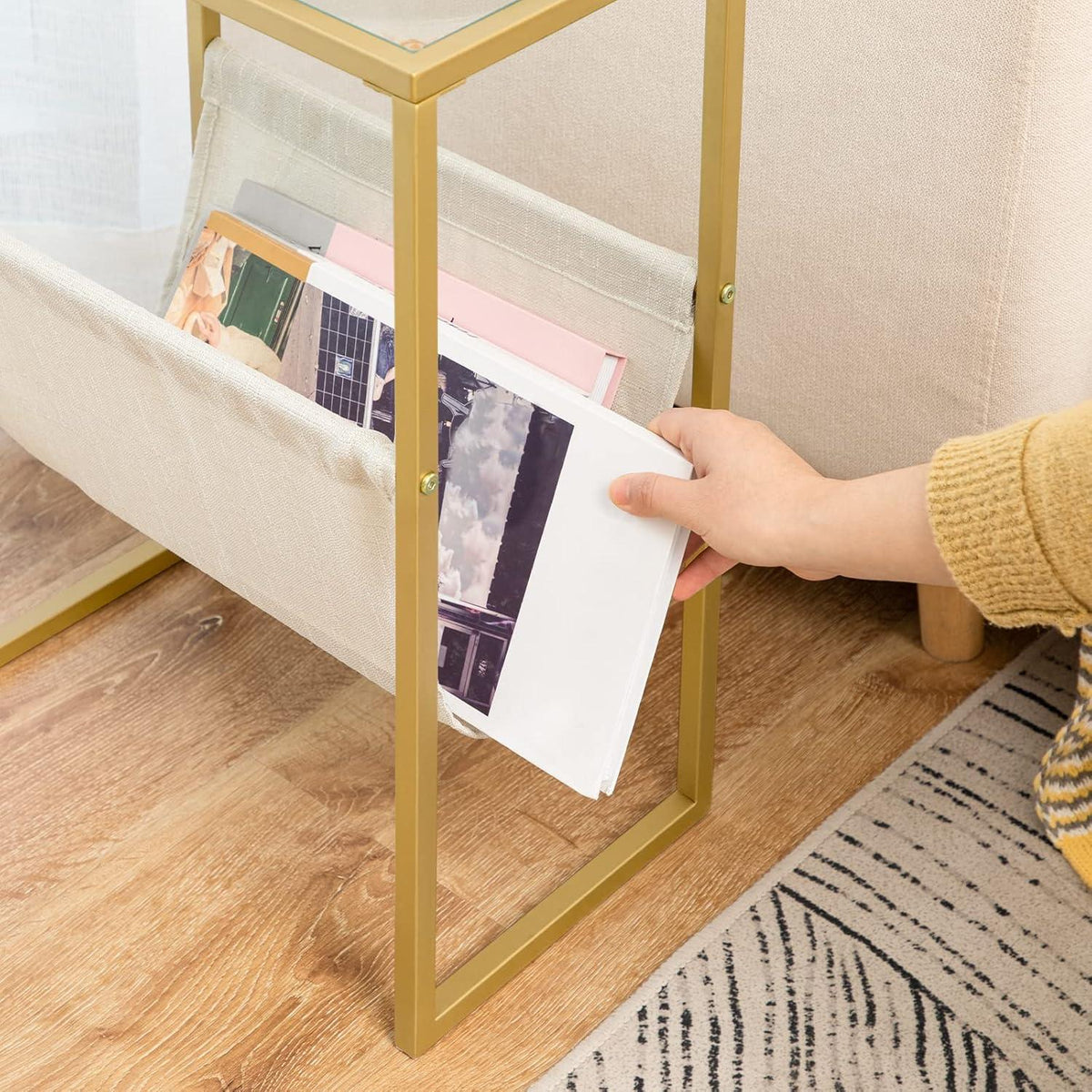 Beistelltisch Schmal Glasplatte Stoff Gold Elegantes Design