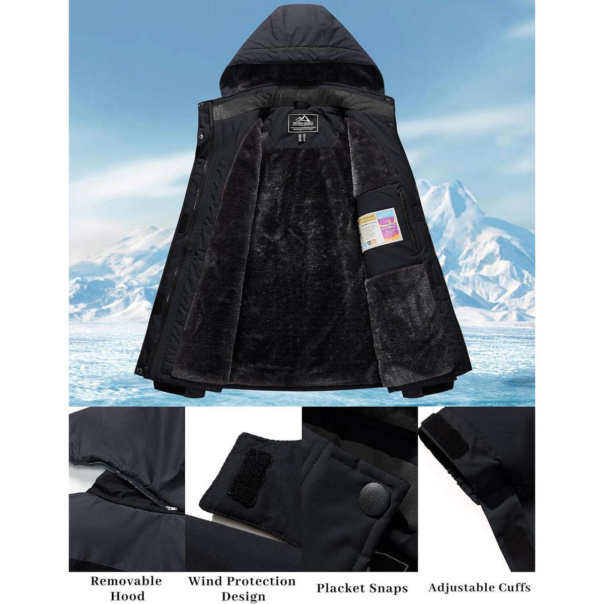 Damen Skijacke Winterjacke Fleece Parka Wasserdicht Schwarz Grau XL