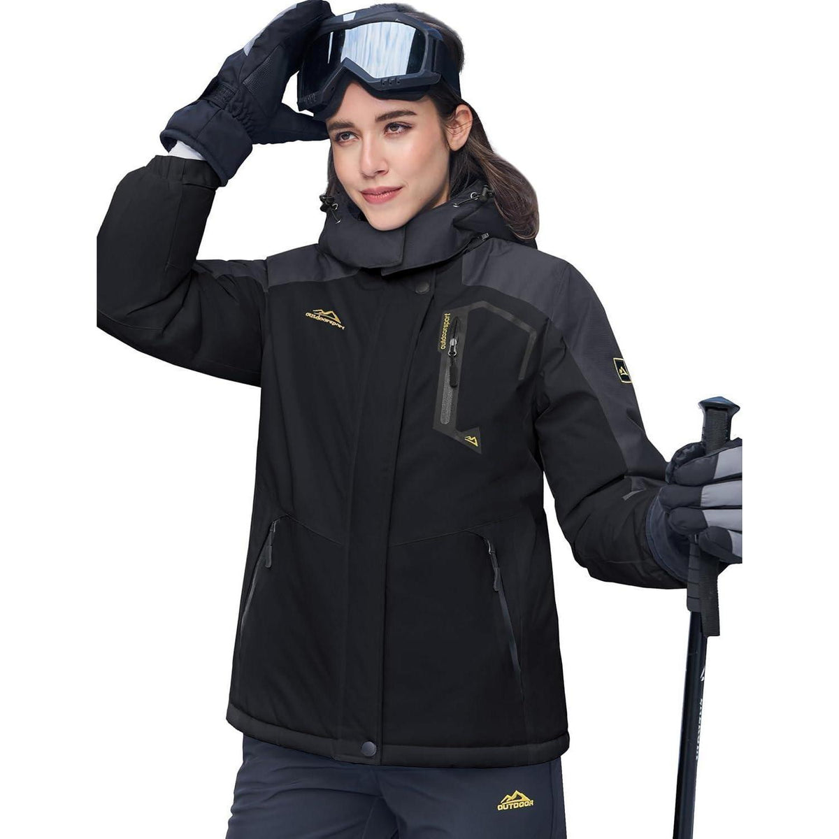 Damen Winterjacke mit Fleece, wasserdicht, abnehmbarer Hut, Schwarz/Grau