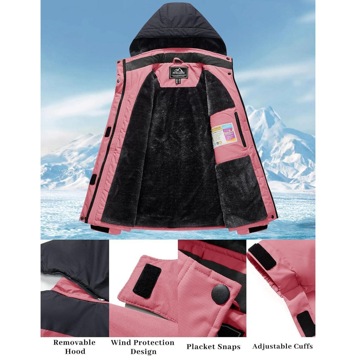 Damen Skijacke Winterjacke Fleece Parka Wasserdicht XXL Rosé