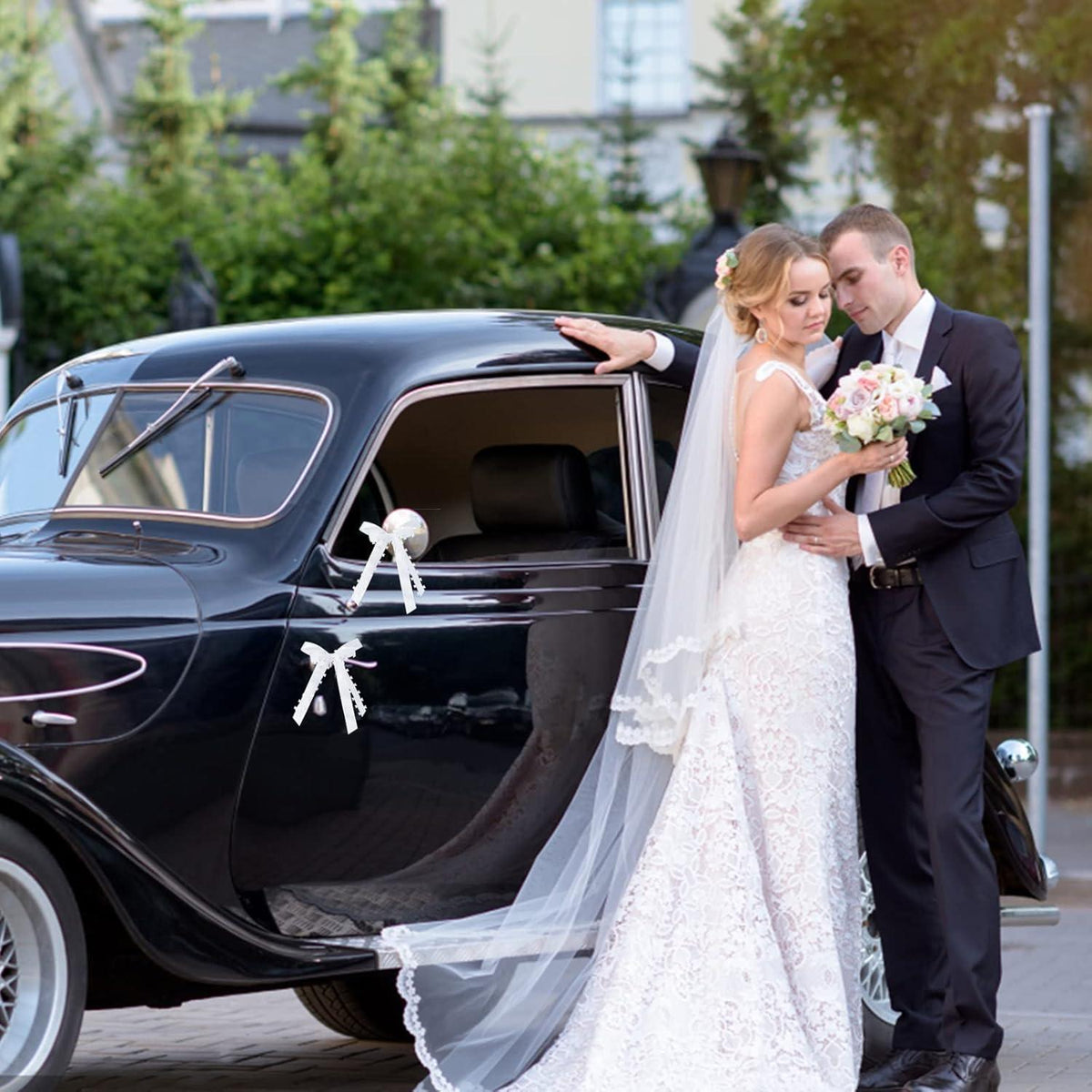 20 weiße Autoschleifen Hochzeit mit Herzform für Autoschmuck, Deko für