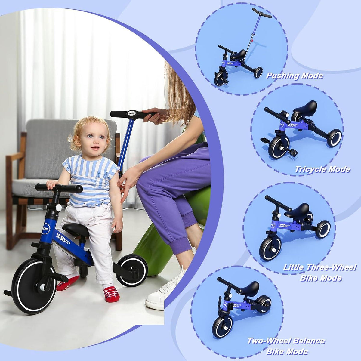 XJD 4-in-1 Kinder Dreirad Laufrad Verstellbarer Sitz Blau