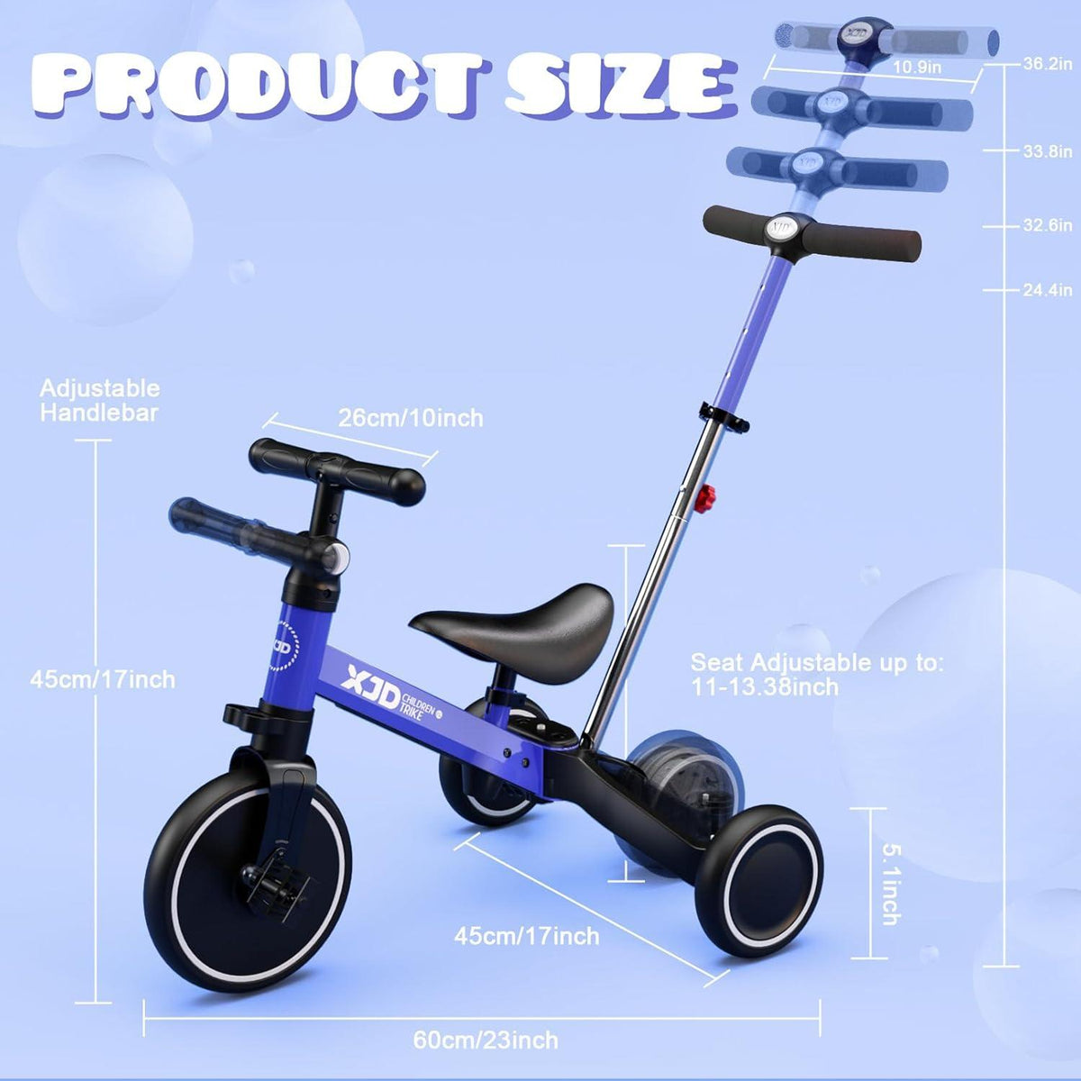 XJD 4-in-1 Kinder Dreirad Laufrad Verstellbarer Sitz abnehmbares Pedal Blau