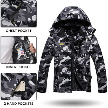 Herren Winterjacke wasserdicht warm gefüttert mit Kapuze L Schwarz Camo