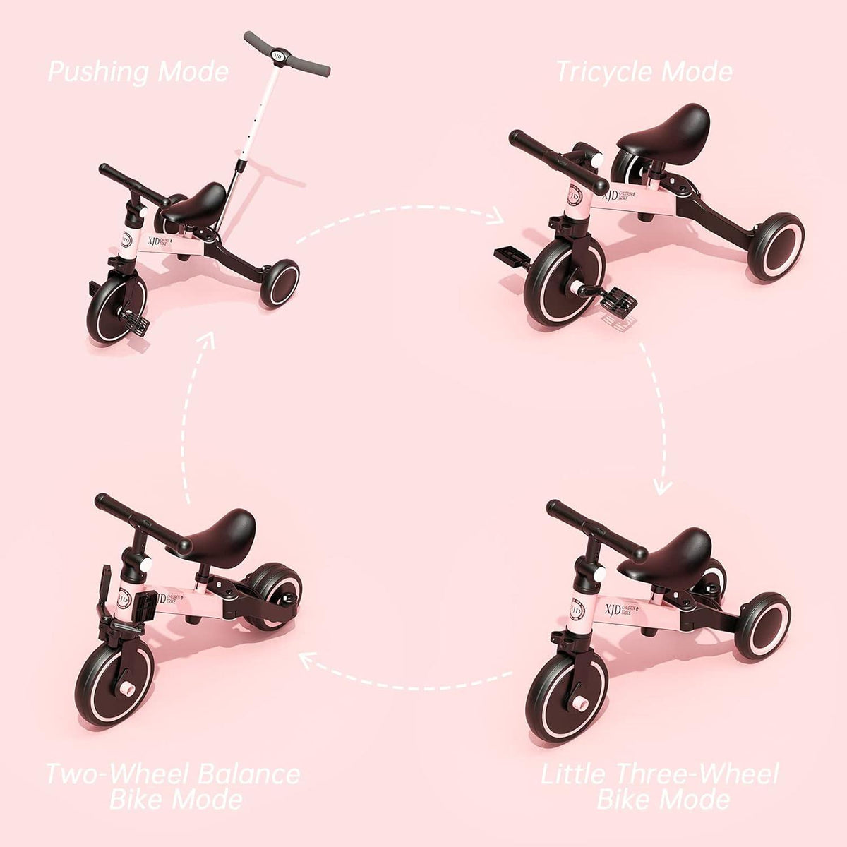 XJD 4-in-1 Kinderdreirad Laufrad Verstellbarer Sitz Rosa