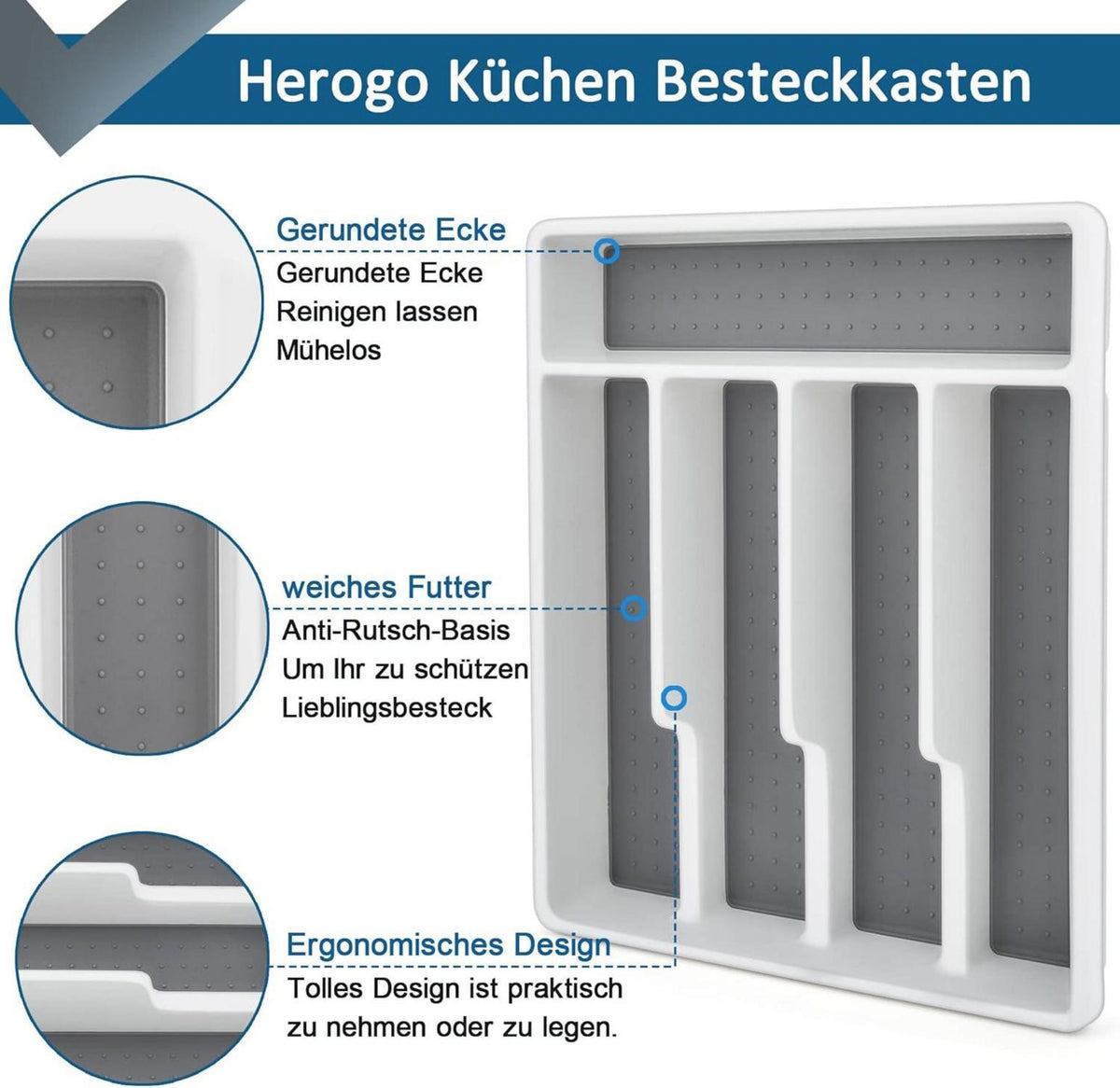Besteckkasten Kunststoff mit 5 Fächern 32,5x29x4,5cm Weiß Grau