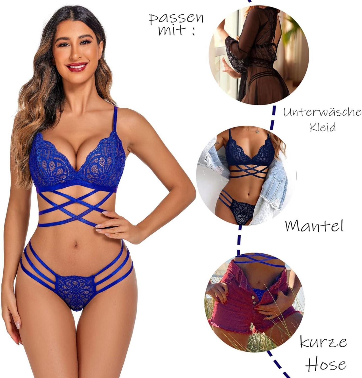 Avidlove Damen Spitzen Dessous Set BH Höschens Erotik V-Ausschnitt Blau