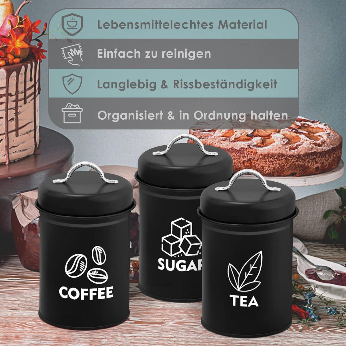 TEAMFAR Vorratsdosen Set Metall Zuckerdose Kaffeedose Teedose 1.3L Schwarz