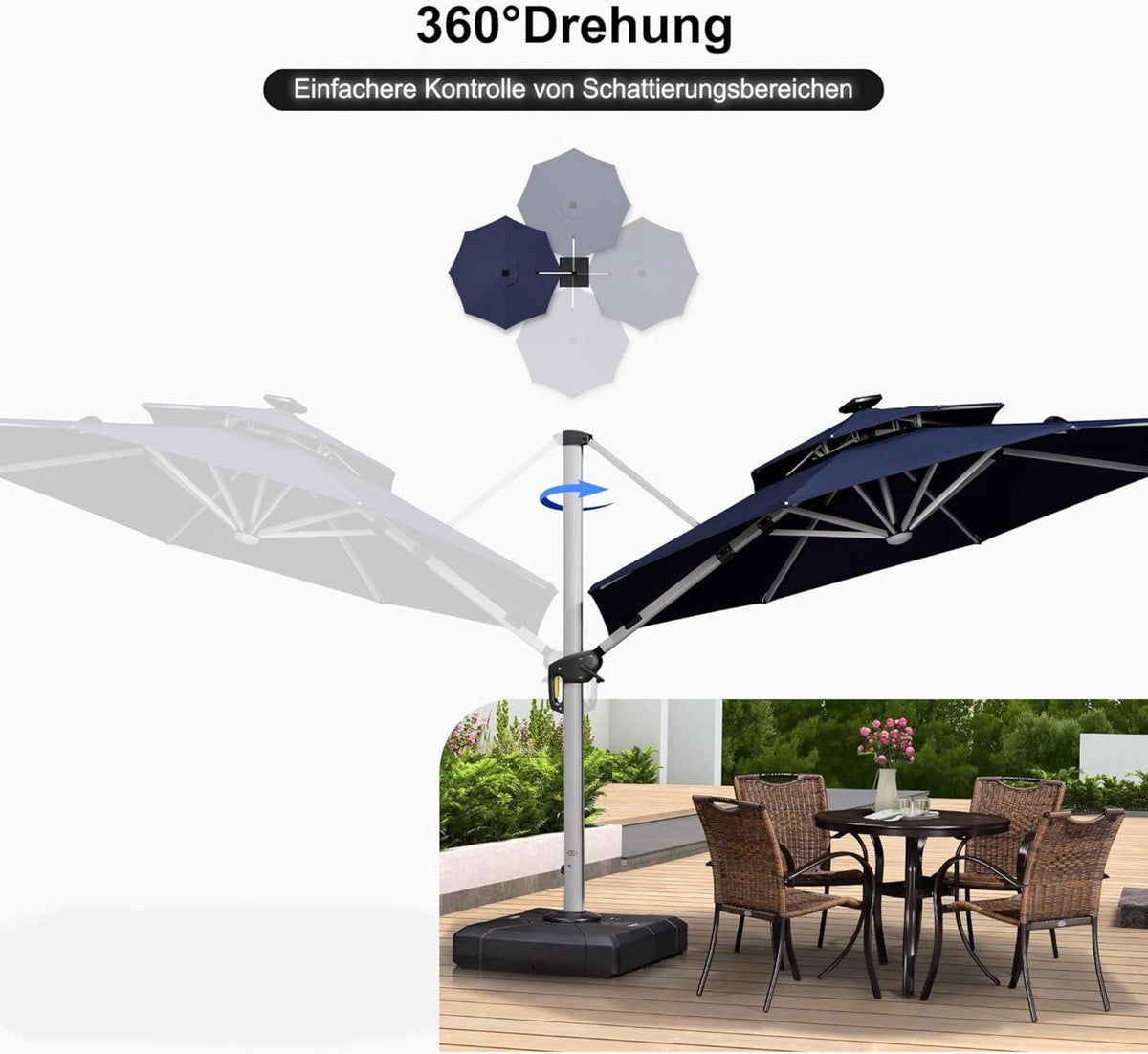 Sonnenschirm 300 cm LED Solar Beleuchtung Ampelschirm Gartenschirm