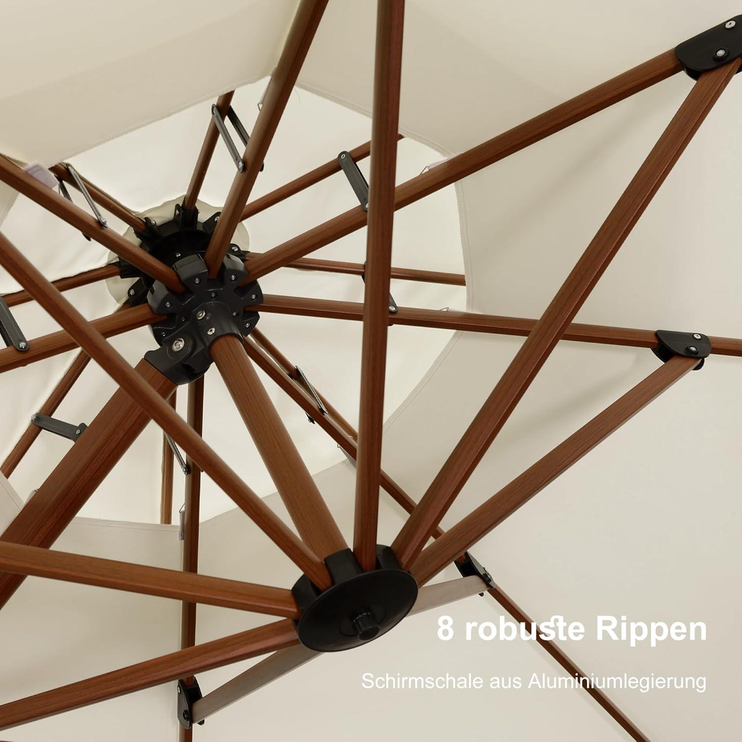 Alu Sonnenschirm Ampelschirm Holzoptik 330x330cm Doppeldach Kurbel XXL UV50+ Cream