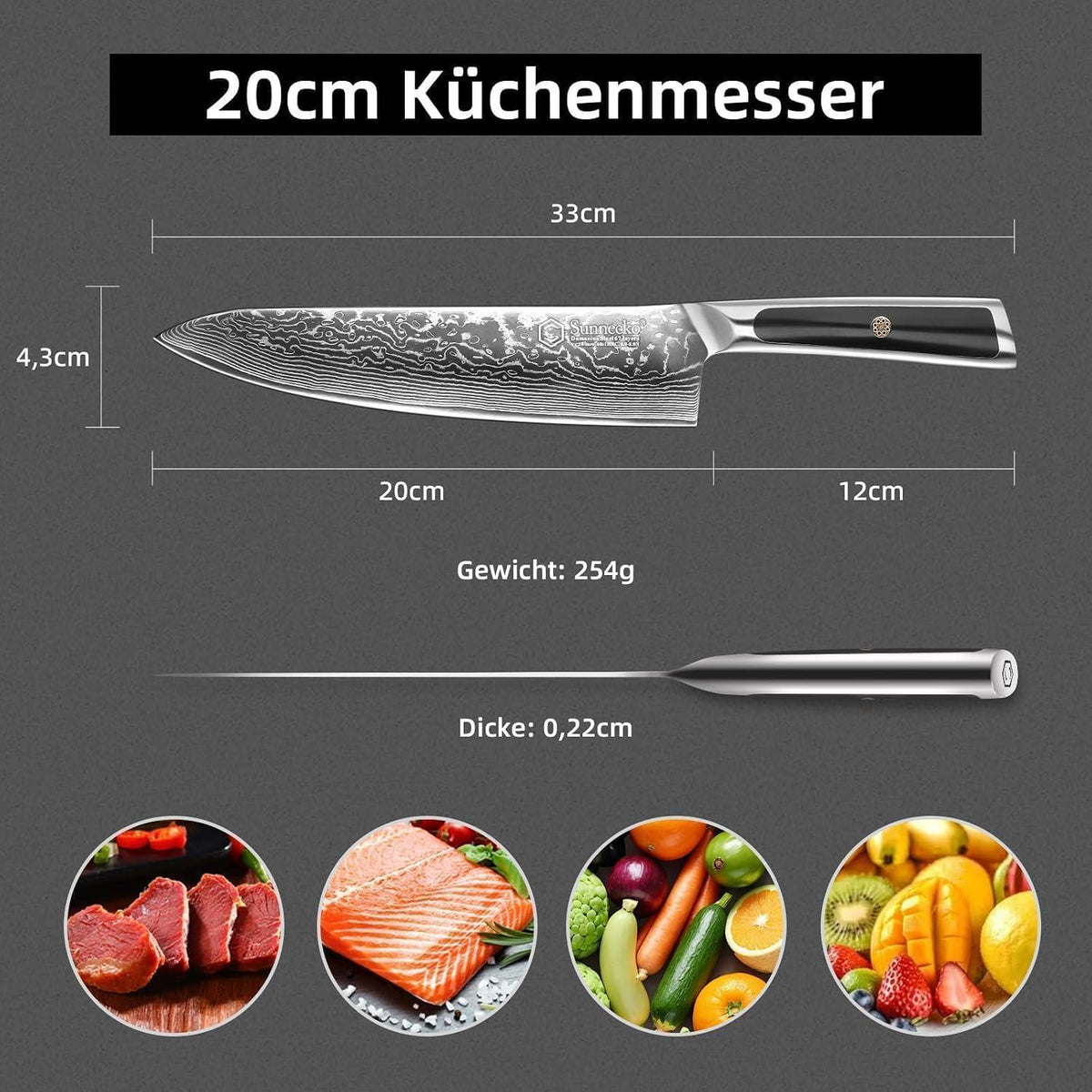 20cm Damast Kochmesser – Scharfes Küchenmesser mit Ergonomischem Griff