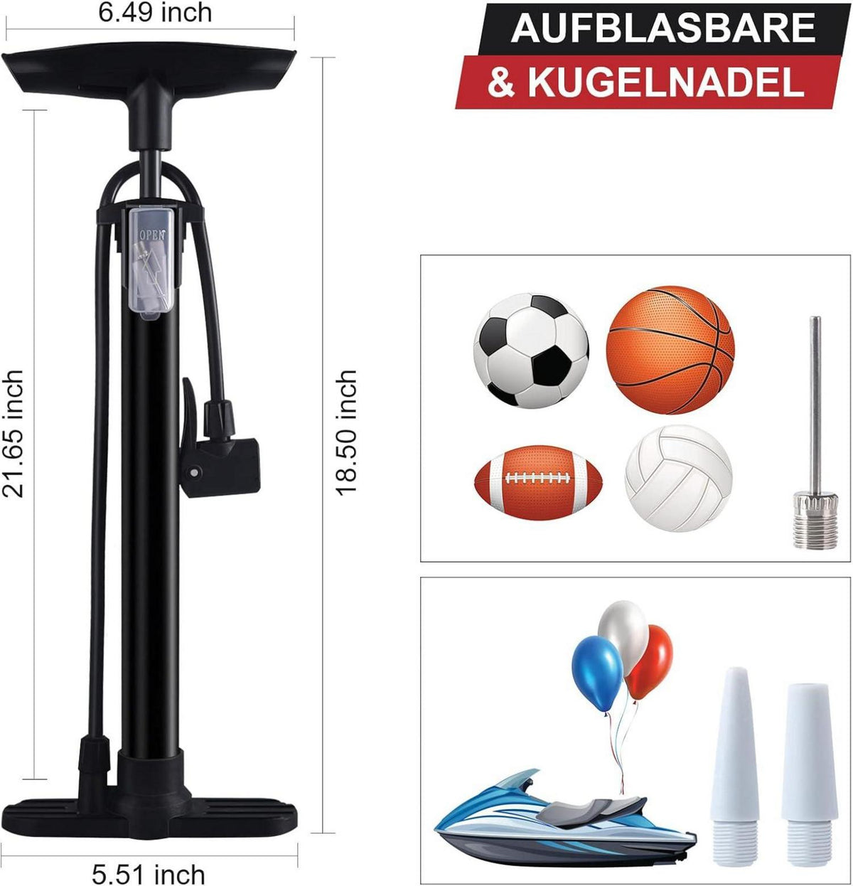Fahrrad Standluftpumpe 160PSI Hochdruck mit Ballnadel Adapter
